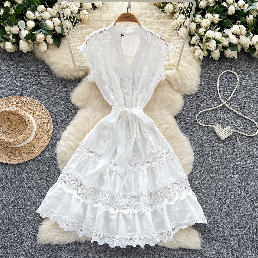 European and american light luxury sleeveless midi dress for women - summer mesh hollow-out crochet lace-up waist - sophisticated mid-length dress