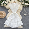 European and american light luxury sleeveless midi dress for women - summer mesh hollow-out crochet lace-up waist - sophisticated mid-length dress