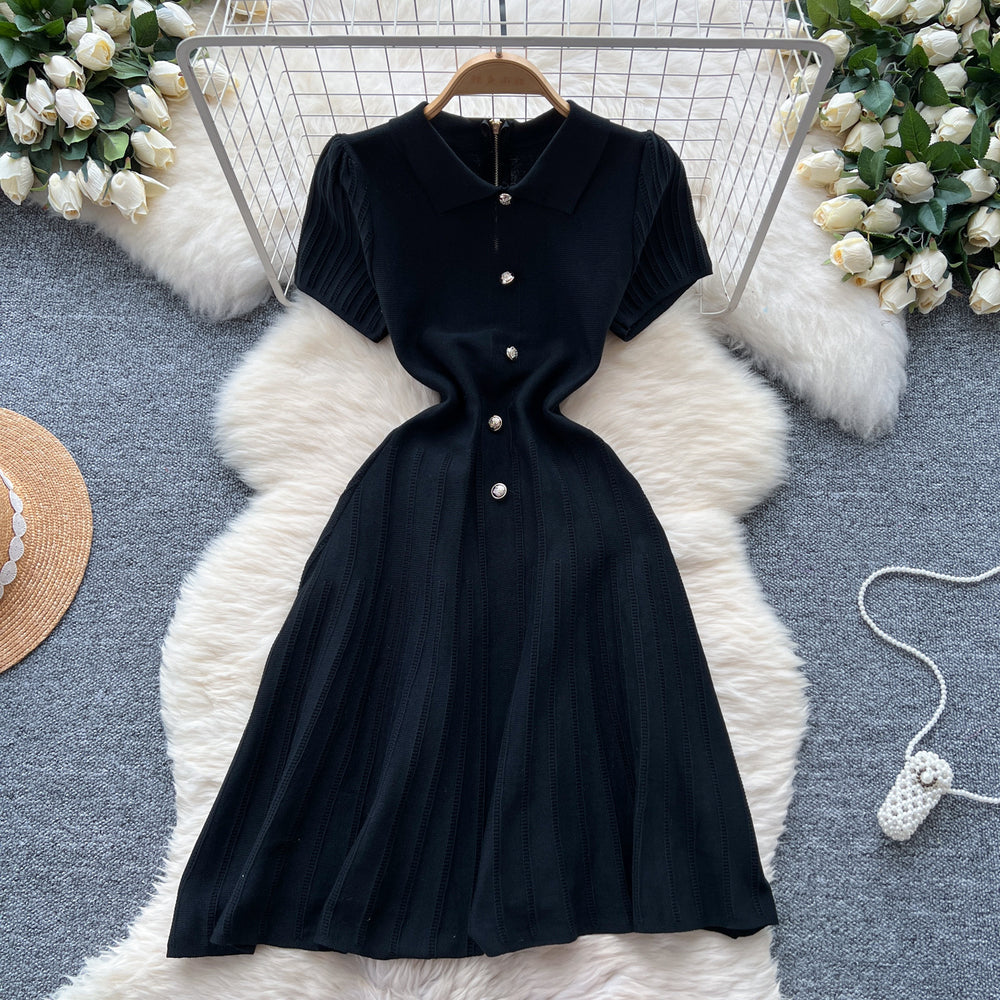 Frenchretro lapel short-sleeved dress female small fragrant style waist slimming lookelegant single-breasted button age-reducing sweater skirt