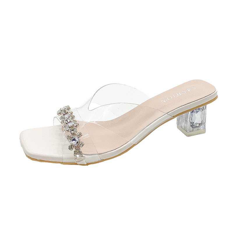 Accessible luxury rhinestone transparent high heel one-strap slippers thick heel outwear square toe sandals