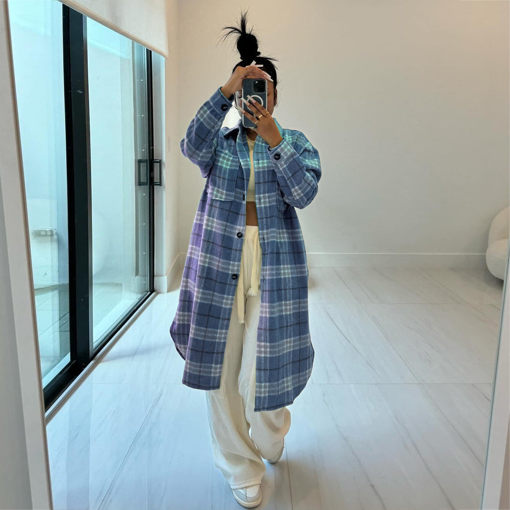 spring new arrivals: european and american style women's fashion - lapel collar pocket wool blend plaid shirt