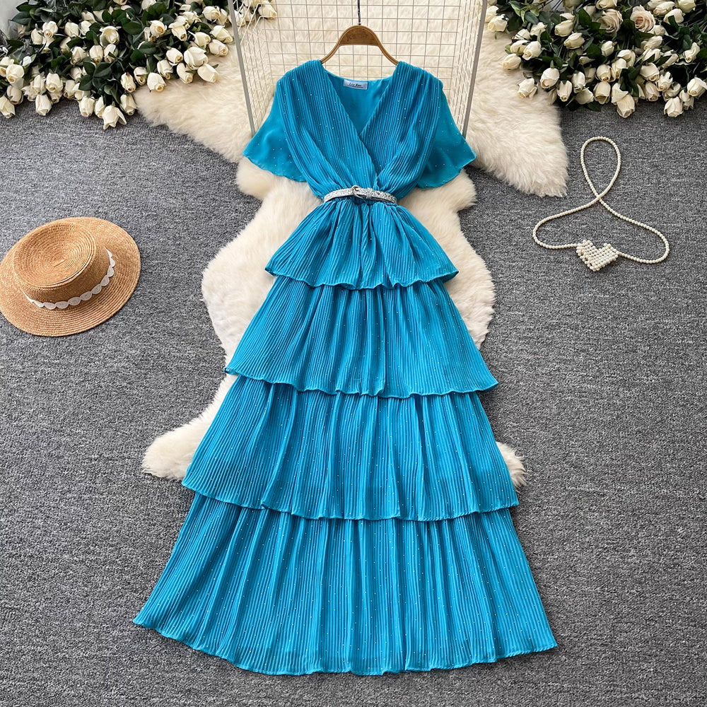 Elegant v-neck red tiered dress - women's summer high-waisted a-line maxi dress with rhinestone accents