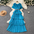 Elegant v-neck red tiered dress - women's summer high-waisted a-line maxi dress with rhinestone accents