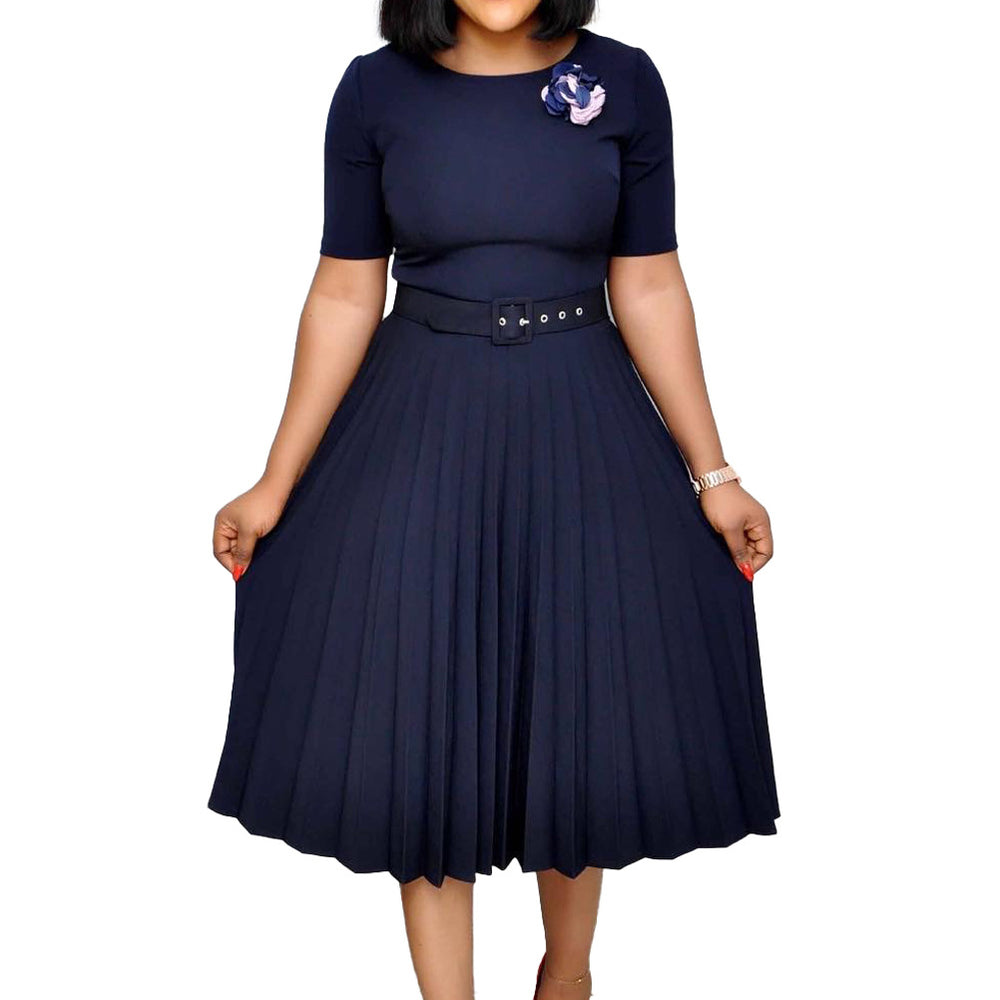 Q114 european and american women's clothing  summer new fashion round neck short sleeve solid color pleated elegant plus size african dress