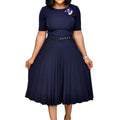 Q114 european and american women's clothing  summer new fashion round neck short sleeve solid color pleated elegant plus size african dress
