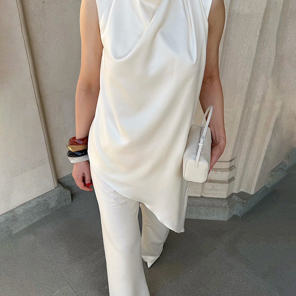 European and American  women's clothing new semi-turtleneck button-up sleeveless top design sense casual temperament irregular T-shirt women