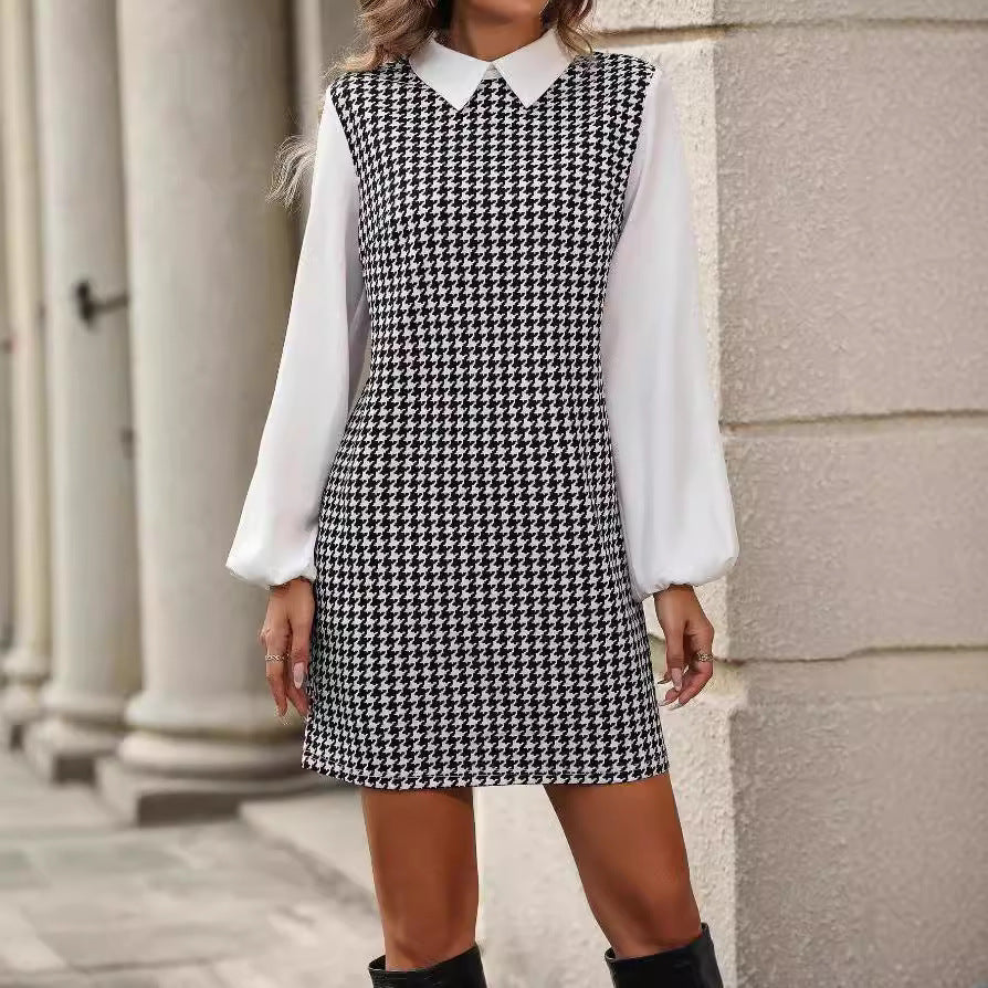 european and american cross-border  autumn new arrival: slim-fit, figure-flattering, faux two-piece a-line dress