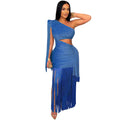 C7428 cross-border   fashion women's sexy casual one-shoulder tassel maxi dress