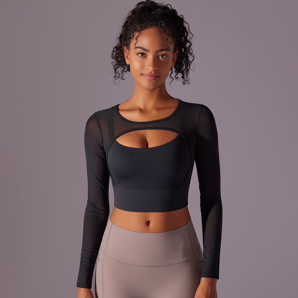 Fashionsexy beautiful back bubble wrap push up sports bra fake two-piece mesh long sleeves all-in-one cup women's yoga fitness wear
