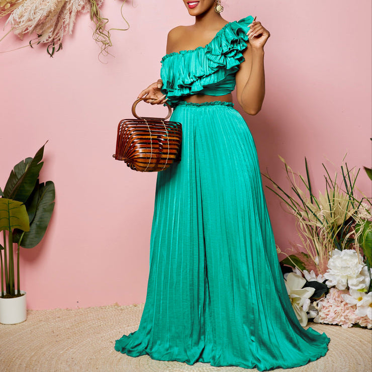 C8518export women's clothing slanted shoulder backless ruffles sexytops pleated wide-leg pants suitfashiontwo-piece set