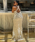 European and american cross-border women's fashion:  new arrivals - sexy and chic floral maxi dress with halter neck and tiered design
