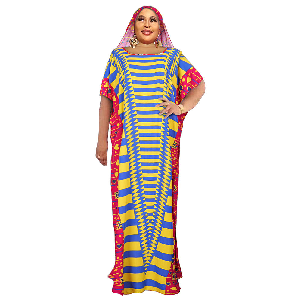 supply  contrast color chiffon dress with headscarf african plus size women's robe