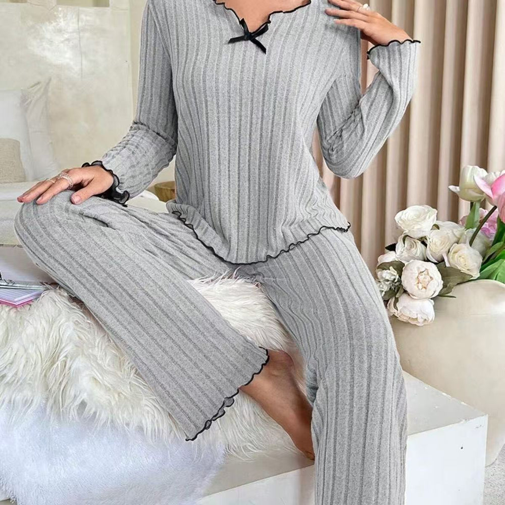 New european and american style cross-border  hot-selling black trim casual loungewear set - fleece knit ribbed home outfit, suitable for wearing outdoors
