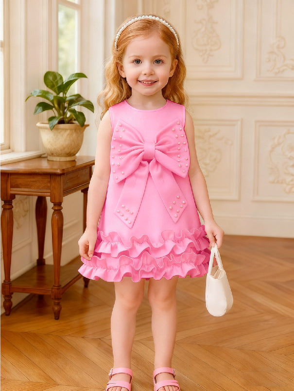 new arrival: sweet girls' big bow beaded cake vest dress