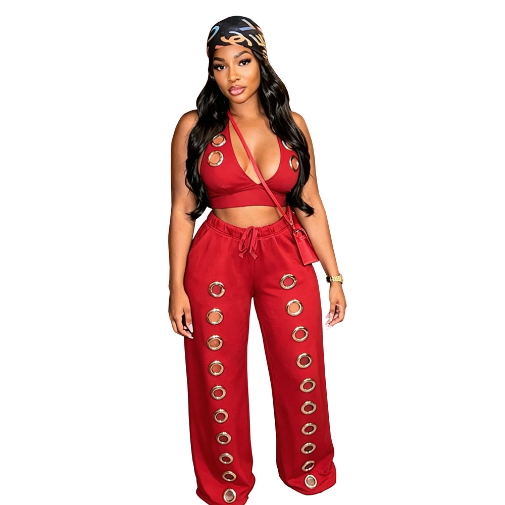 C7712 cross-border   fashion women's fashion trendy eyelet loose straight wide leg pants suit