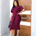 D311 women's foreign trade summer  new arrival: solid color high-waisted elegant commute ruffle sleeve office european and american style dress