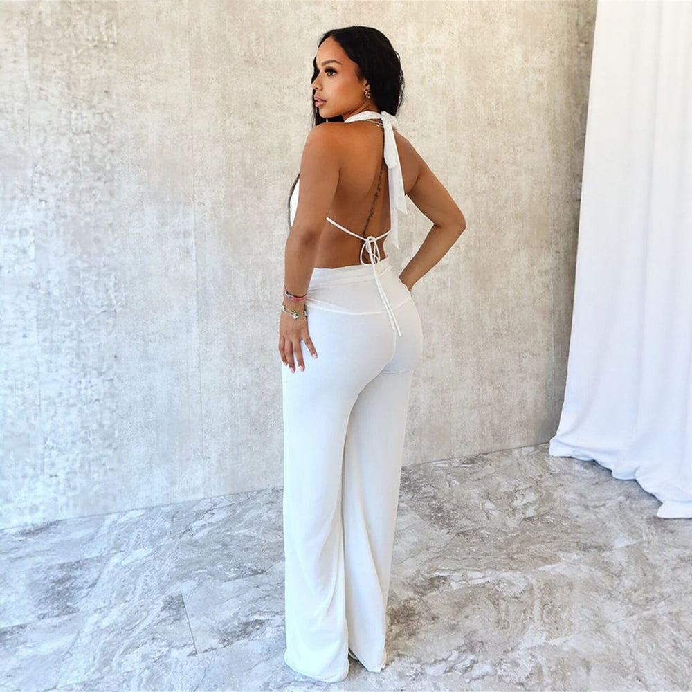 Aliexpress european and american women's clothing  spring/summer new collection: solid color casual scoop neck backless top & sexy wide-leg pants set