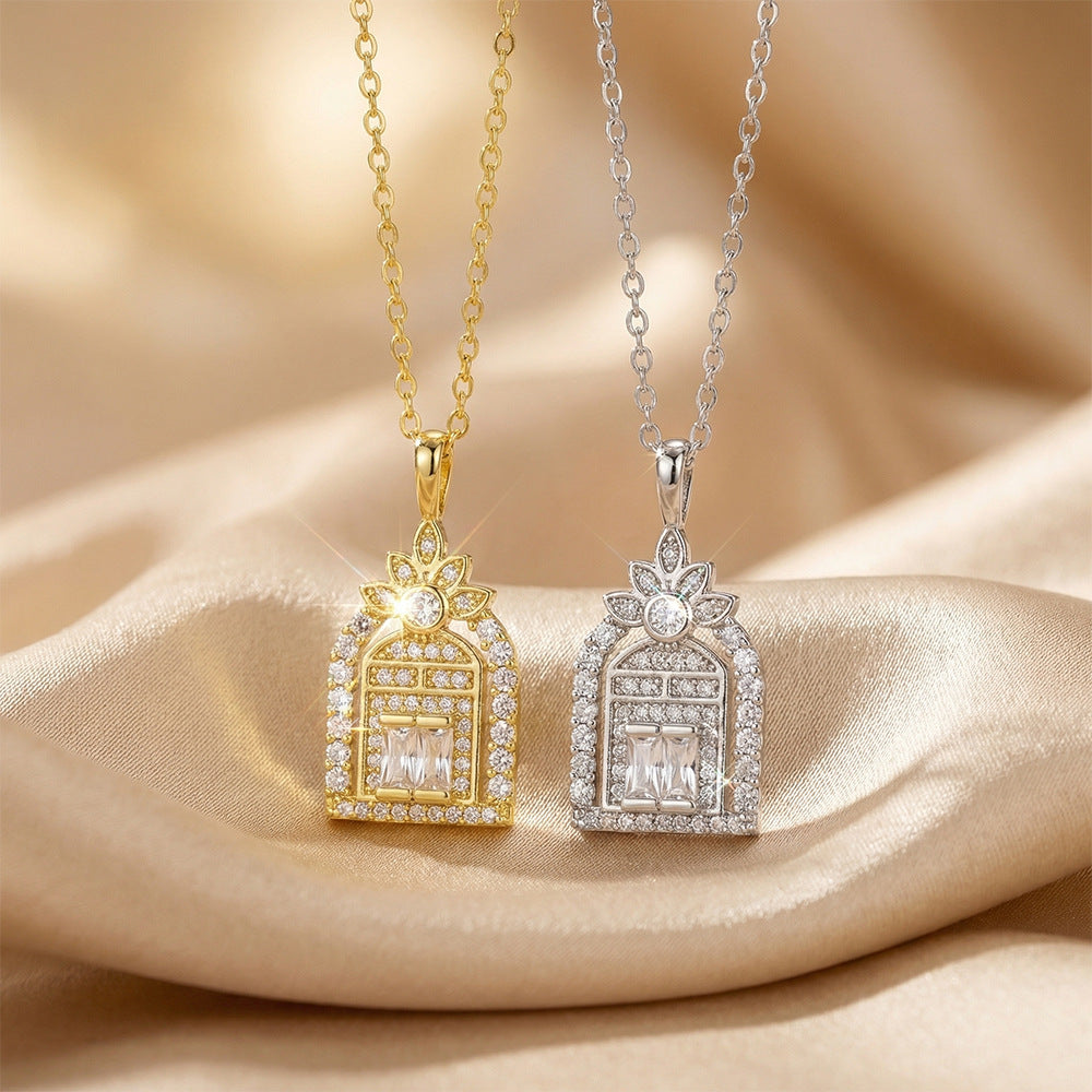 Popular copper inlaid with zirconium full diamond happiness door necklace for women summereasiest for matchfashion non-fading clavicle chain jewelry