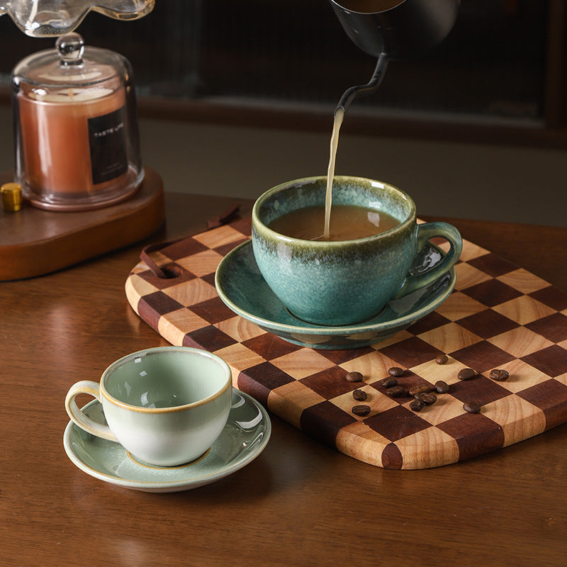 Vintage kiln-ware ceramic coffee cup and saucer set - exquisite, unique design for office afternoon tea or milk