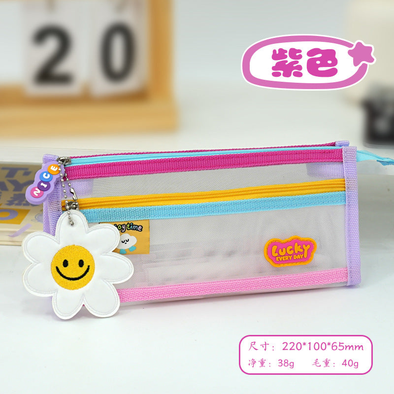New cute fun contrasting color transparent stationery bag large capacity pencil bag high value simple primary and secondary school student stationery mesh bag