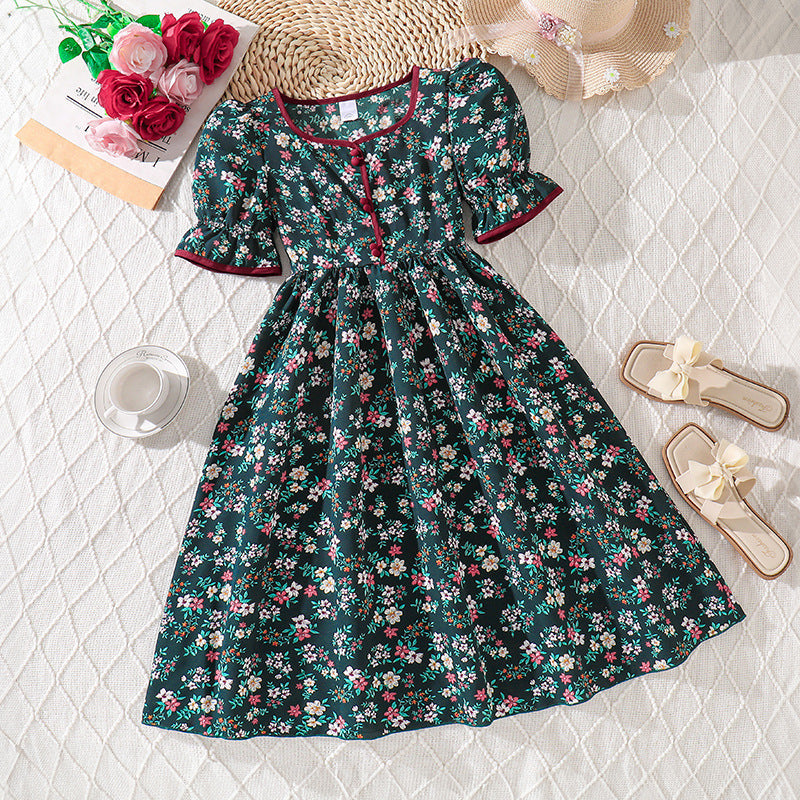 Summer girls' dress - new cross-border export style: french retro floral print, slim-fit, short-sleeve princess dress
