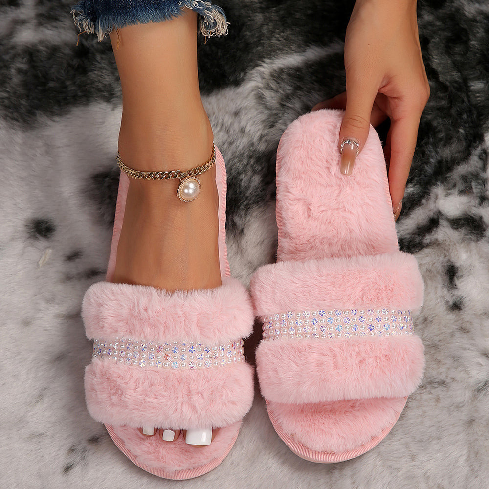 Trendy fuzzy slippers for women - new autumn/winter 2024 collection - rhinestone embellished, flat, casual, one-strap indoor cotton slippers
