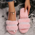 Trendy fuzzy slippers for women - new autumn/winter 2024 collection - rhinestone embellished, flat, casual, one-strap indoor cotton slippers