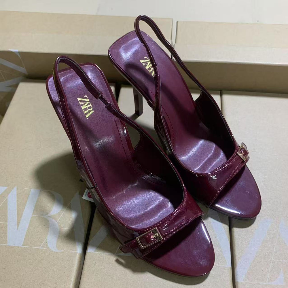 Za's 2025 spring new arrivals: burgundy and black women's patent leather peep-toe pumps with buckled ankle strap and stiletto heel