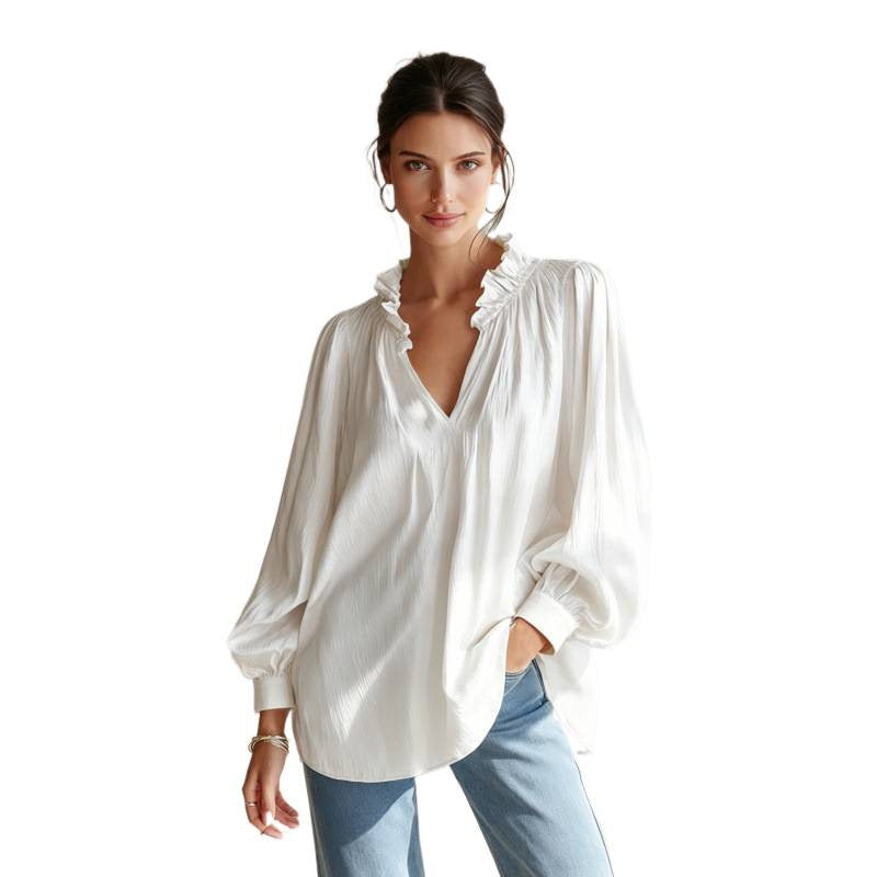 european and american cross-border women's fashion new arrival: v-neck ruffle trim solid color long sleeve versatile blouse