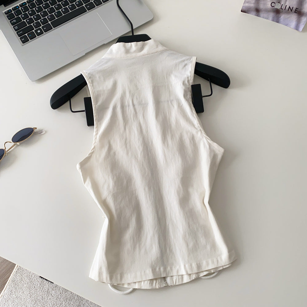 French chic ruffle trim top - women's designer sleeveless chiffon blouse with exquisite rhinestone embellishments and halter neck detail. a unique and elegant piece