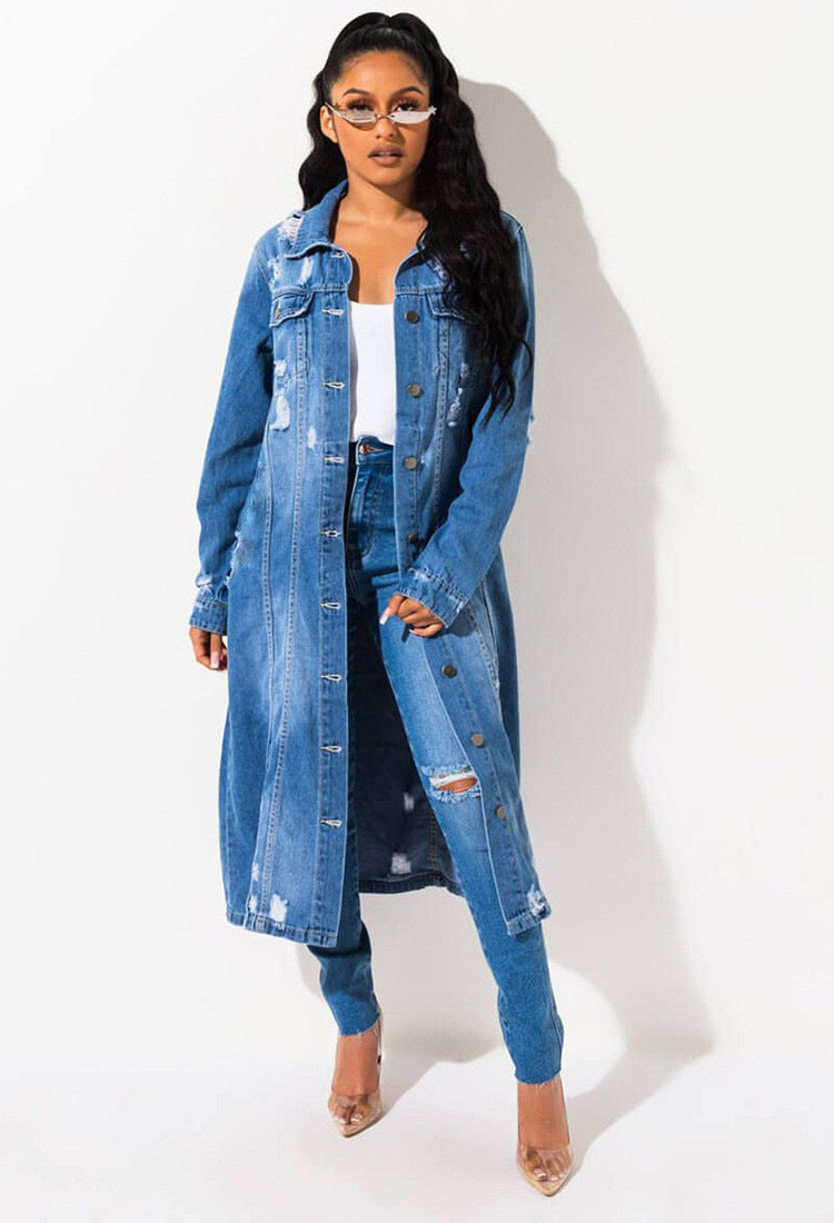 Black girl denim outwear women's autumfashion version new arrival blue hole washed looselong sleeves denim coat
