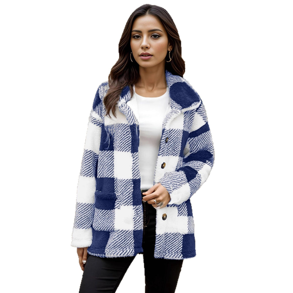 European and american plush women's clothing 2023 new amazon long-sleeved plaid button-down pocketed loose-fit mid-length coat