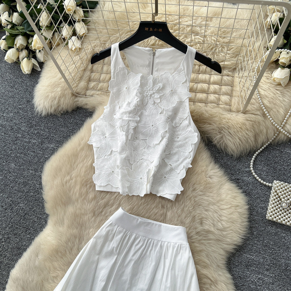 French sweet style blue vest high-waisted tiered skirt two-piece set - women's summer commute chic slimming elegant outfit