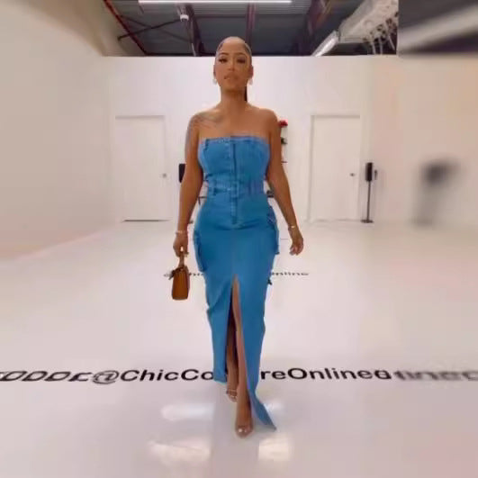 's new  European and American women's clothing washed denim jumpsuit dress waist tube top sexy split ends