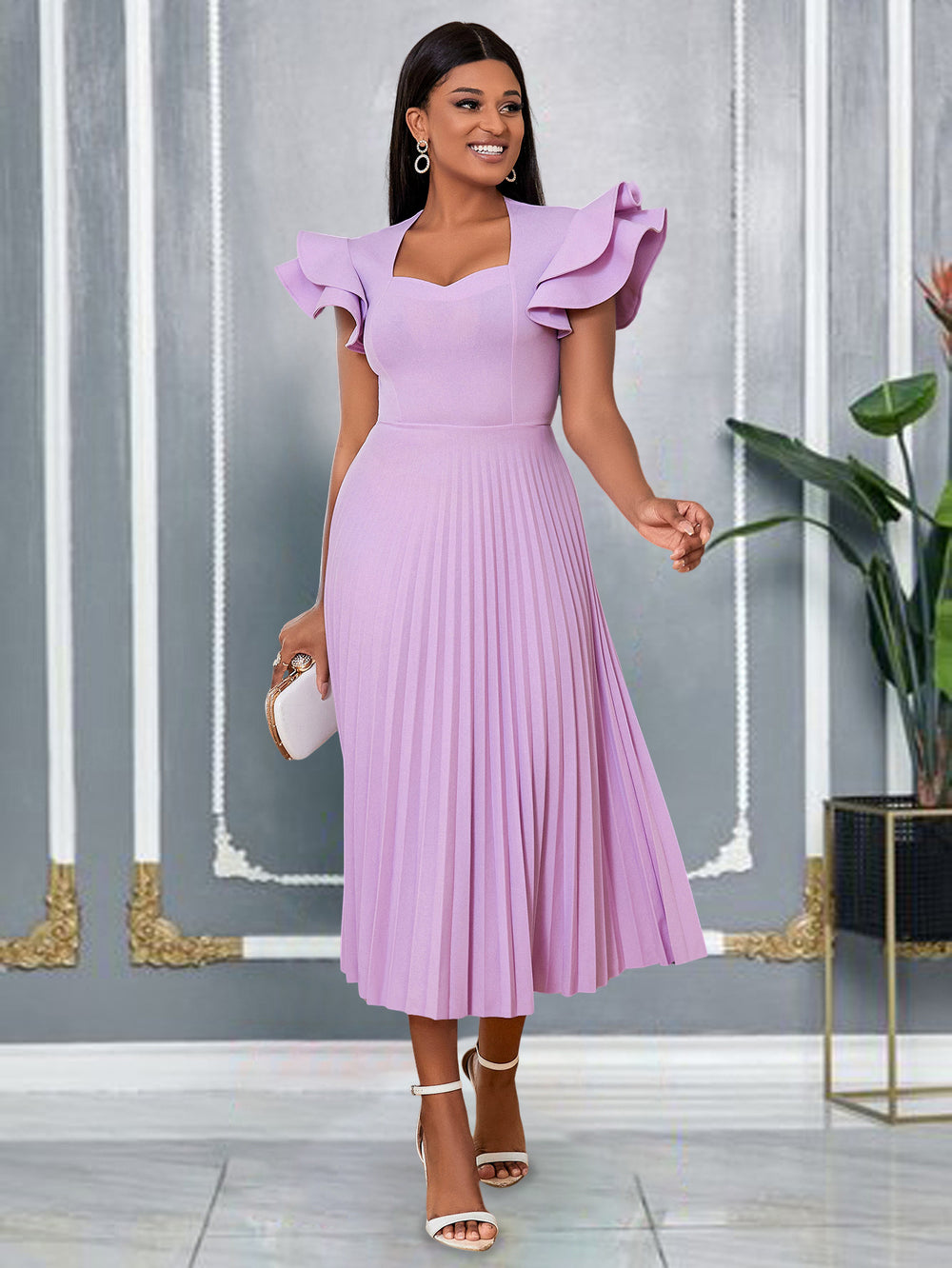 Am030117spring & fall purple square neck dress eleganceelegantcasualwork clothingpleated skirt dresses