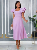 Am030117spring & fall purple square neck dress eleganceelegantcasualwork clothingpleated skirt dresses
