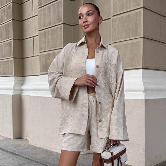 Cross-border European and American solid color large size casual cardigan shirt set women's  fashion design shorts two-piece set tide