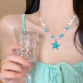Blue starfish shell beaded necklace - women's summer beach vacation style choker - sweet, versatile, and atmosphere-boosting accessory