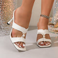 French chic white square-toe stiletto heel sandals - new summer collection with t-strap buckle detail