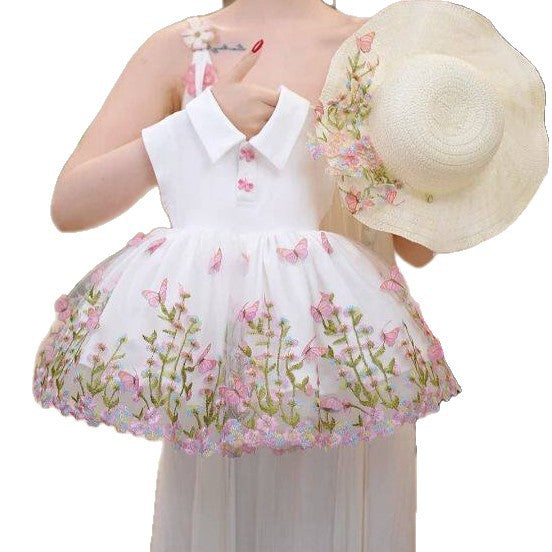Girls' summer dress  new princess dress butterfly embroidery mesh skirt stylish children's dress summer trendy