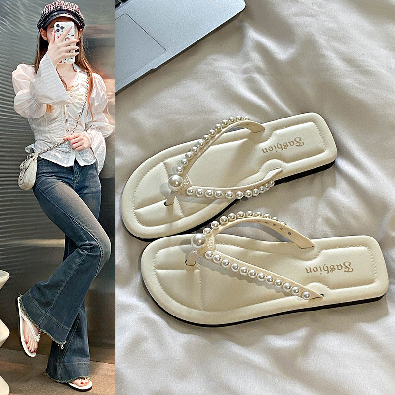 Summernew arrivalpure colorfashioneasiest for match pearl flip-flops women's sandals flats low heel classy women's shoes