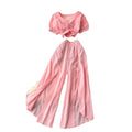 Sense of design scheming pleated v neckshort puff sleeve tops women's two-piece setsummerhigh waist slit loose pants