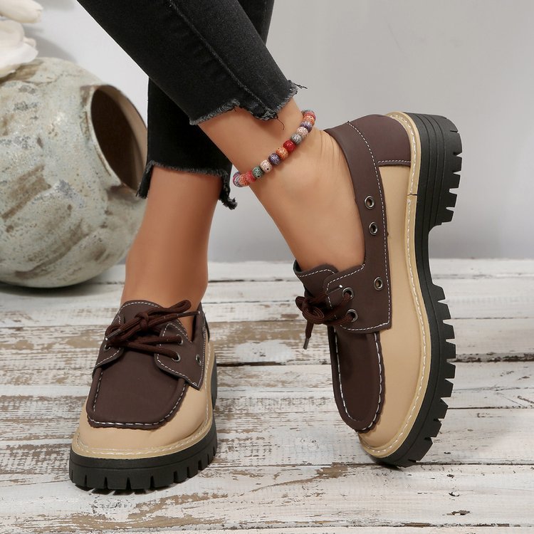 new arrival british style retro front tie backlow ankle flats women's export color matching rivets casualthick sole loafers