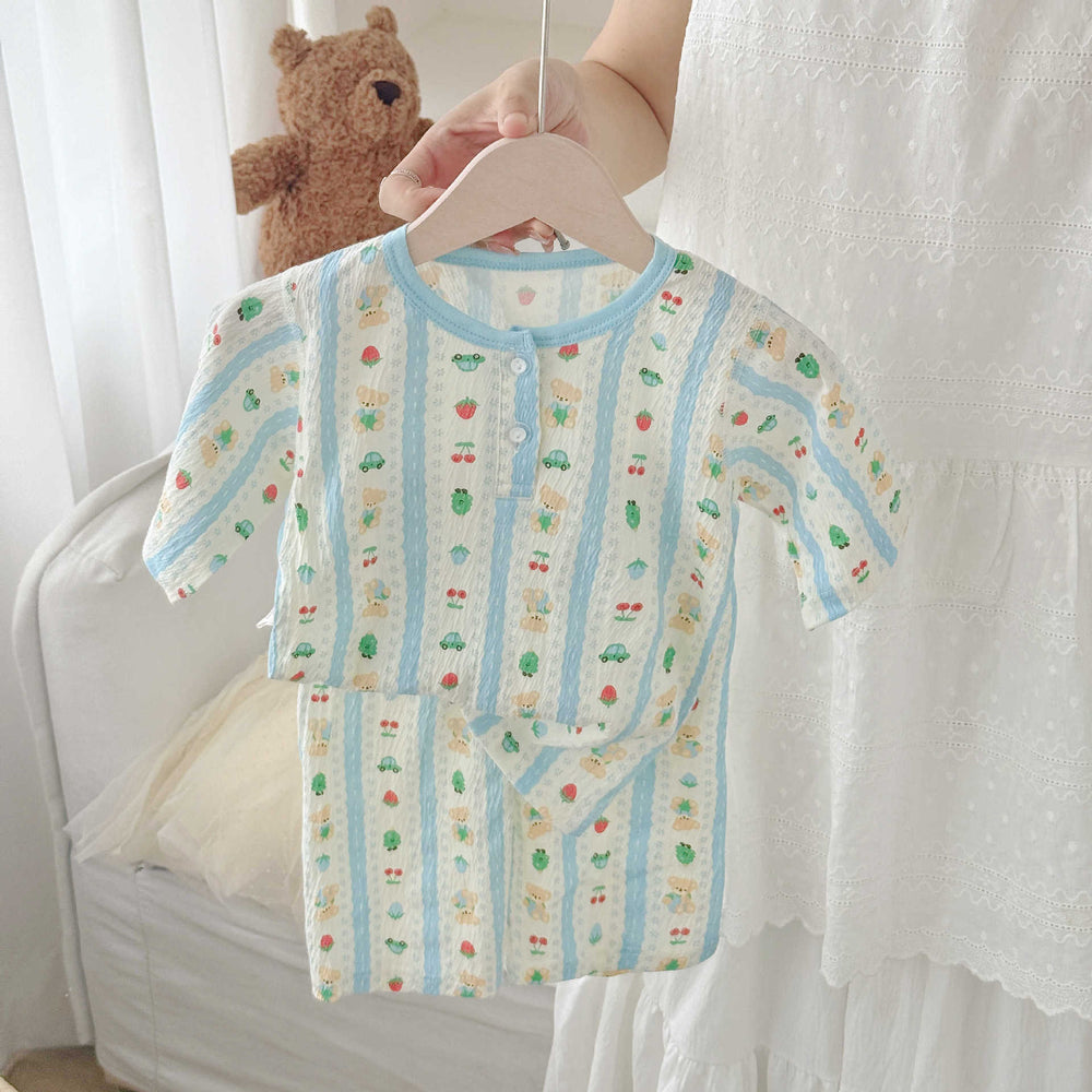 Summer lightweight crinkle cotton baby pure cotton air conditioning suit separates pajamas boys girls three-quarter sleeve loungewear
