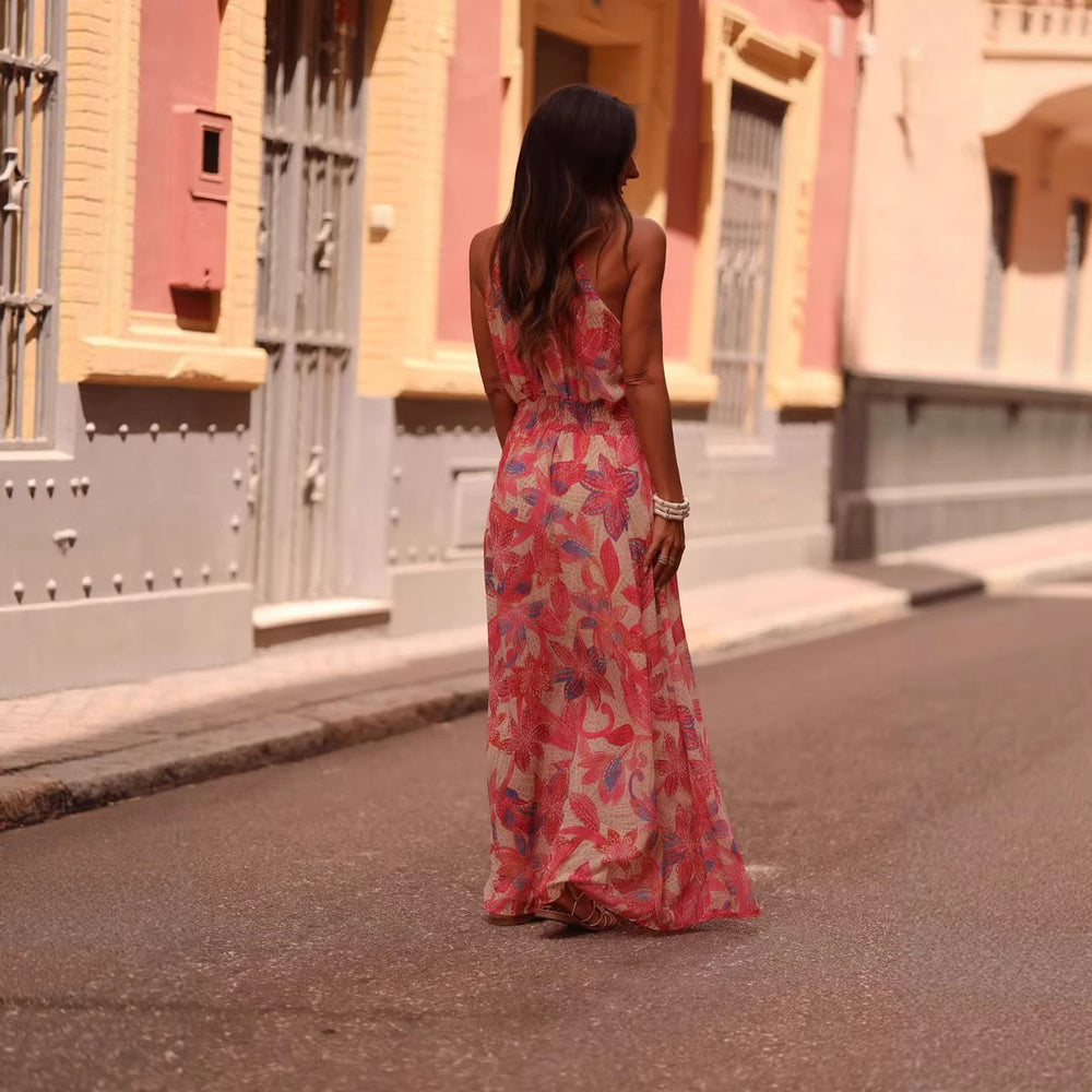 spring european and american style cross-border elegant printed women's dress - fresh wrap dress with ruched detail, chic and commuter-friendly long dress