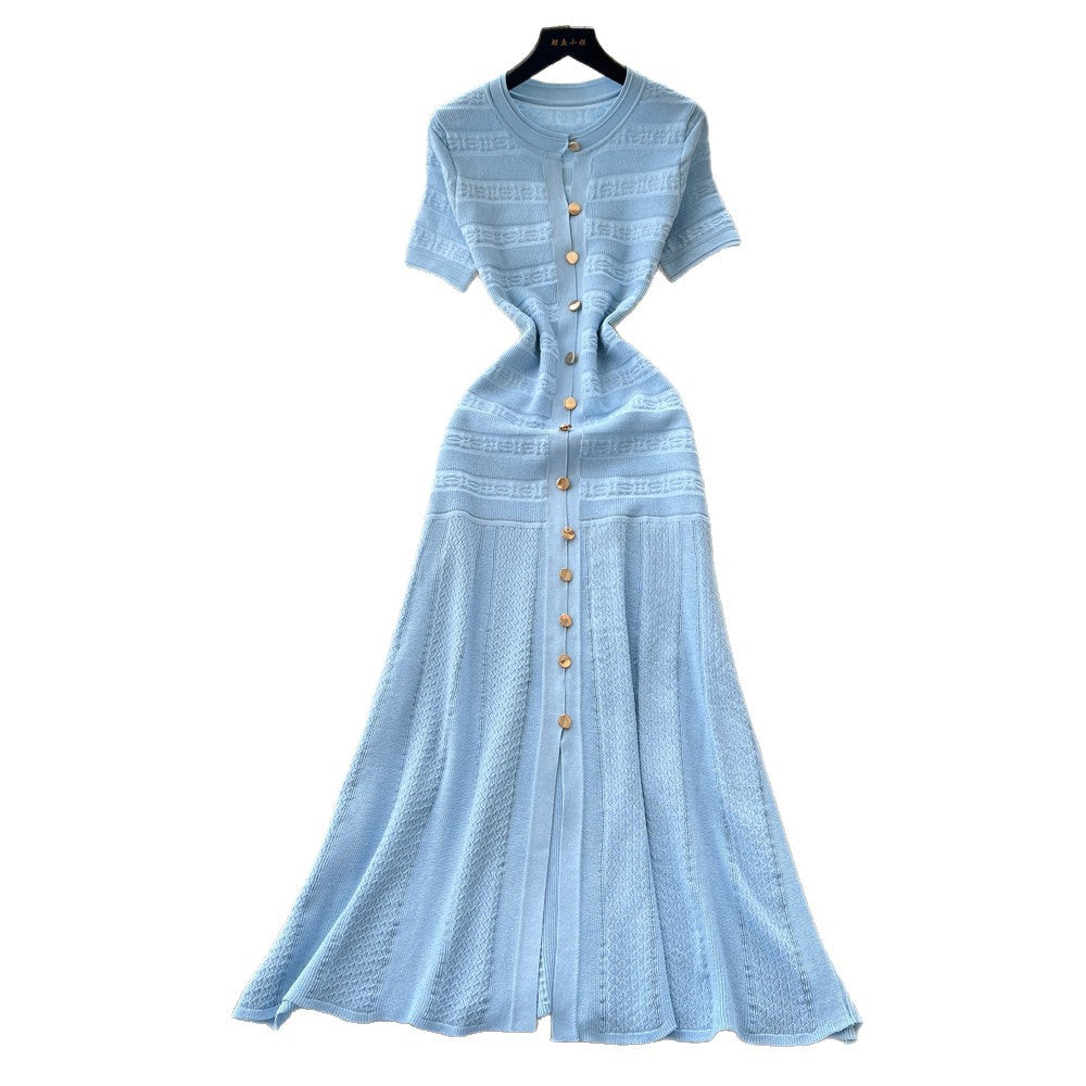 exportelegance style pure color single breasted knittingdress women's summerk-style silm slit long skirt dres