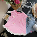 Girls' sleeveless lace-trimmed summer top,  new style: stylish sleeveless lace tank top with bow detail, versatile vest
