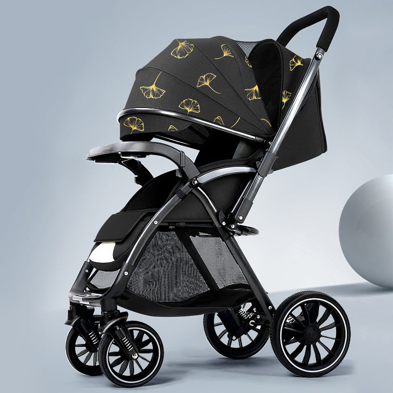 Lightweight, large-wheeled, foldable baby stroller. convertible from upright to reclined position. portable, high-view, four-wheel suspension stroller for ages 0-3 years