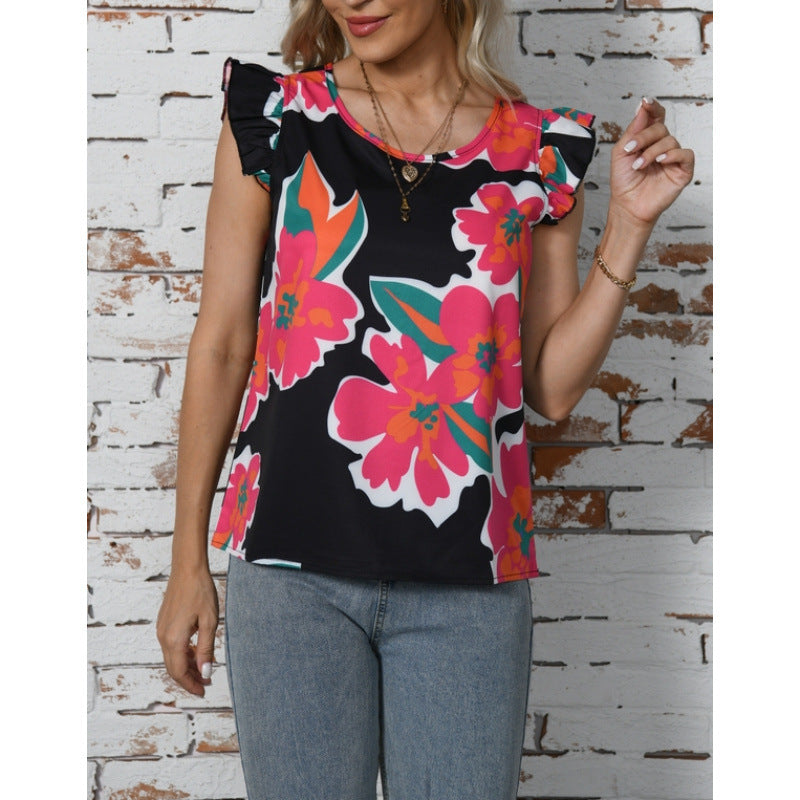 cross-border black base colorful floral print flutter sleeve top - women's