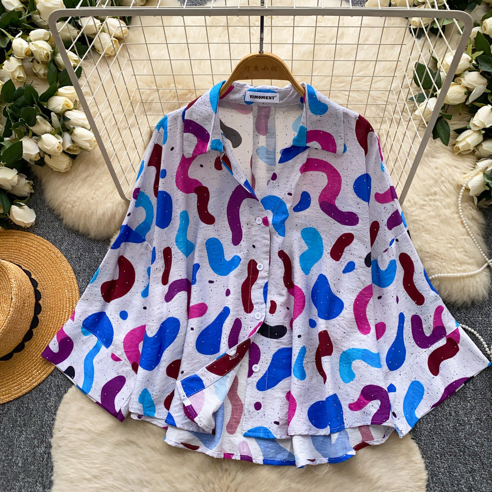 Korean style commute chic colorful geometric print long sleeve shirt - women's summer breathable, skin-friendly, loose fit cardigan top